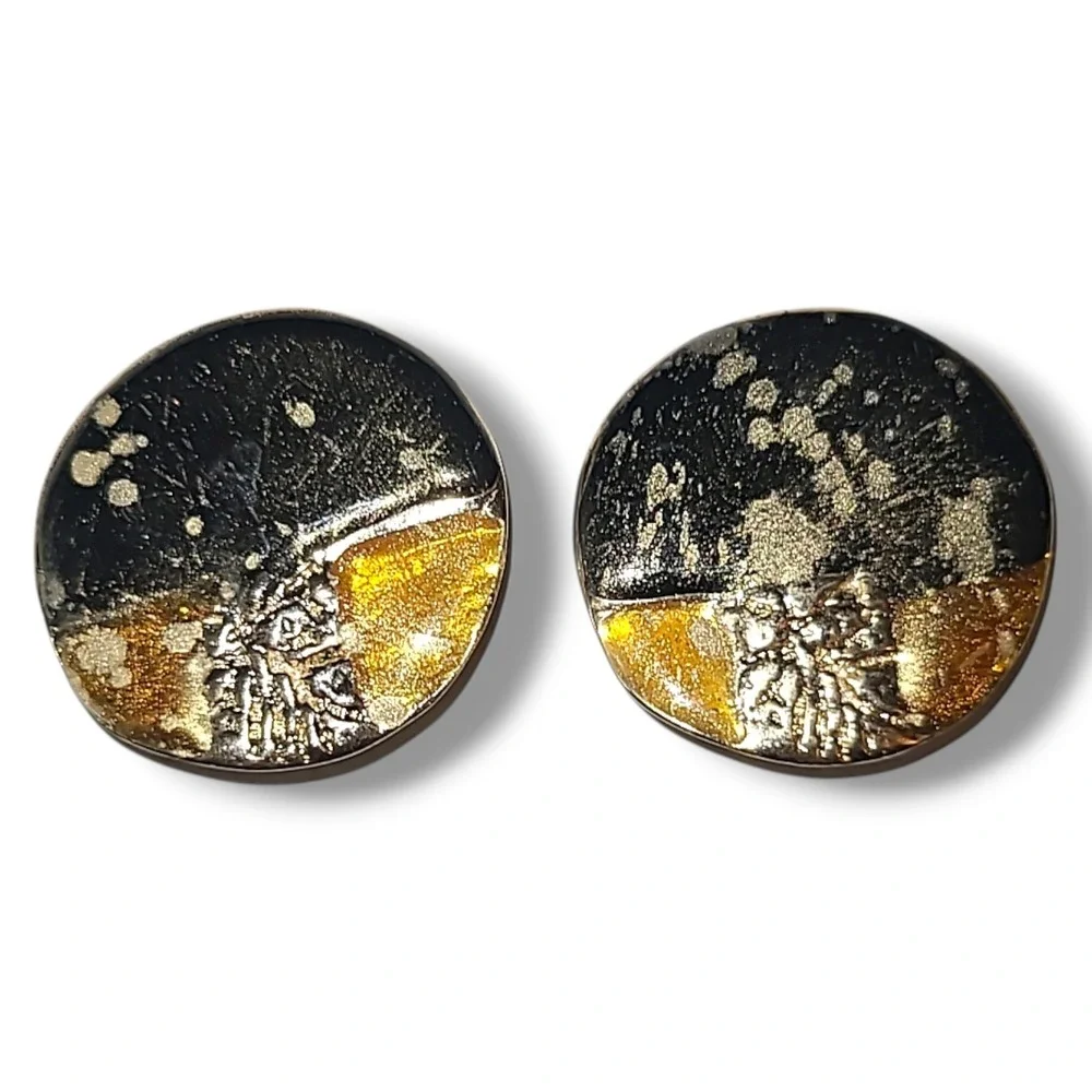Vintage 80s Black Gold Clip On Earrings Round Abstract Textured Statement‎